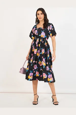 Styli Women Floral Print Square Neck Puff Sleeves A-Line Midi Dress