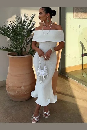 LULU & SKY Women Off-Shoulder Sheath Midi Dress