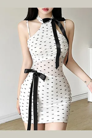 LULU & SKY Women Choker Neck Bodycon Mini Dress With Bow Detailed