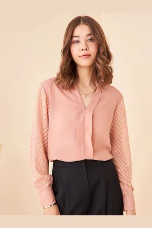 kibo Women Mandarin Collar Long Sleeves Crepe Top