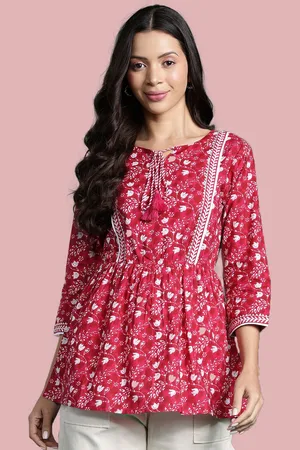 Deewa Women Ethnic Motifs Prinedt Tie-Up Neck Ethnic Cotton Cinched Waist Longline Top