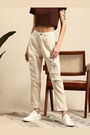 Mast & Harbour Women Boyfriend Fit Highly Distressed Pleated Jeans