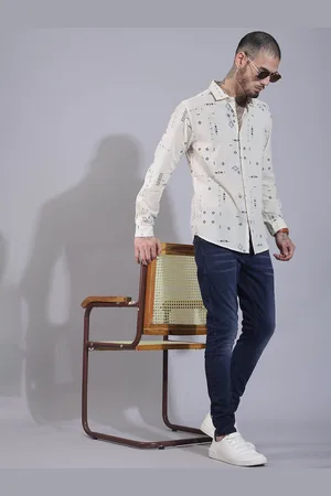 HERE&NOW Spread Collar Long Sleeves Slim Fit Geometric Printed Casual Shirt