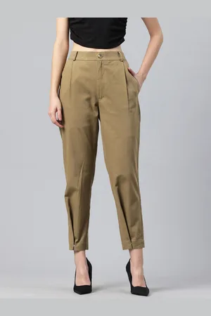 Popnetic Women Tapered Fit High-Rise Pleated Pure Cotton Chinos Trousers
