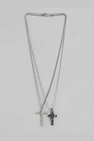 PARIS HAMILTON Set Of 2 Unisex Silver-Plated Cross Pendants with Chains