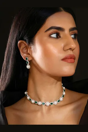Priyaasi Sliver-Plated Pearl Emerald American Diamond-Studded Necklace Jewellery Set