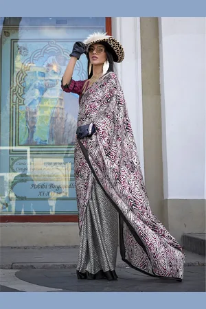 ELORA Women Abstract Print Satin Designer Saree With Blouse Piece