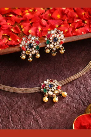 Priyaasi Gold-Plated Navaratna Floral Attigai Pattern Studded & Beaded Jewellery Set