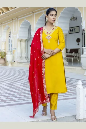 Navlik Women Embroidered Regular Chanderi Silk Kurta with Trousers & With Dupatta