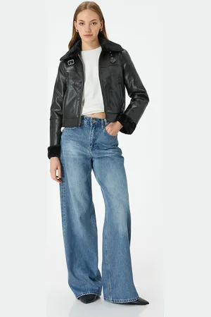 Koton Women Spread Collar Solid Casual Biker Jacket