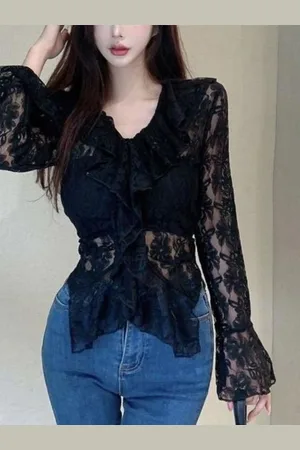 HERE&NOW Women Floral Self Design Lace Long Sleeves Shirt Style Top
