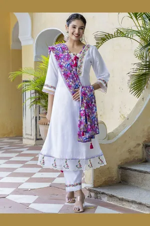 Navlik Women Embroidered Regular Chanderi Silk Kurta with Trousers & With Dupatta