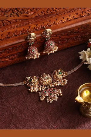 Priyaasi Gold-Plated Stone-Studded Lakshmi & Twin Peacock Temple Chocker Jewellery Set