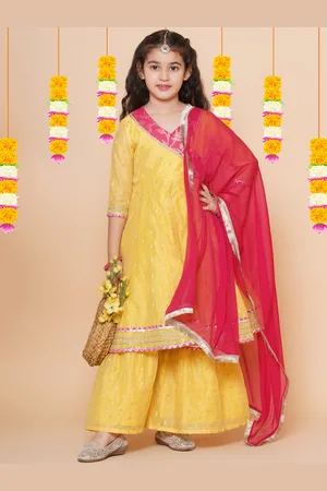 Bhama Girls Yellow Angrakha Gotta Patti Kurta with Sharara & With Dupatta