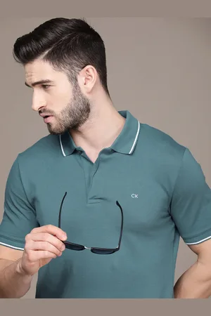 Calvin Klein Men Teal Blue Solid Polo Collar Slim Fit Casual T-shirt