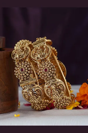 Adwitiya Collection Set Of 2 Gold-Plated Stones Studded Ganesh Temple Bangles