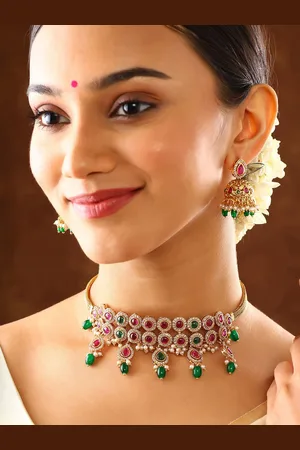 Priyaasi Gold-Plated Stone Studded & Beaded Two Lined Jewellery Set