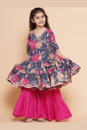 Bhama Girls Floral Printed Angrakha Pure Cotton Gotta Patti Kurta With Sharara