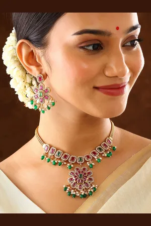 Priyaasi Gold-Plated Blooming Elegance Stone Studded & Beaded Jewellery Set