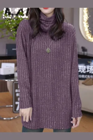 HERE&NOW Women Turtle Neck Long Sleeves Pullover Longline Pullover Sweater