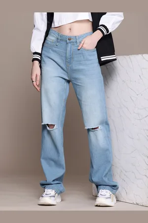 Roadster The Life Co. Women Pure Cotton Straight Fit High-Rise Slash Knee Heavy Fade Jeans