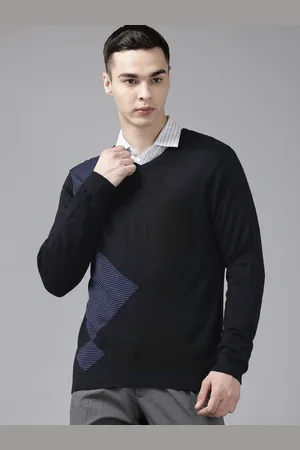 Park Avenue Geometric Self Design V-Neck Sweater