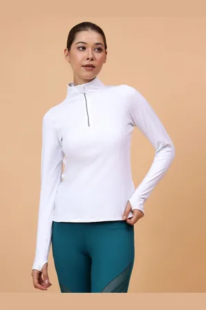 Fitkin Women White Solid Front Zipper T-Shirt