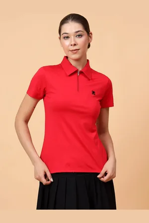 Fitkin Women Red Front Zipper Polo T-shirt