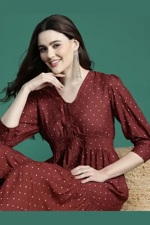 Sangria Printed Puff Sleeve Fit & Flare Midi Dress