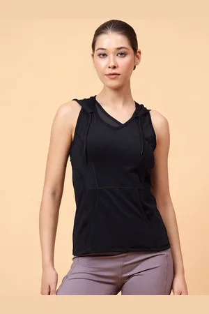 Fitkin Womens Black Self Design Sleeveless Hooded Tshirt
