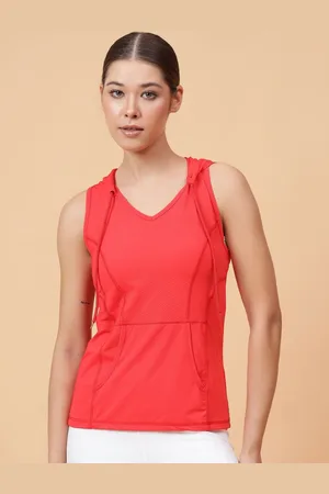 Fitkin Womens Red Self Design Sleeveless Hooded Tshirt