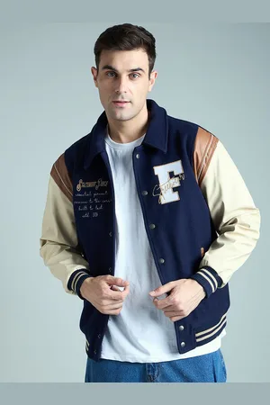 FUGAZEE Men Brand Logo Woollen Varsity Jacket with Patchwork