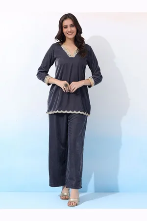 Bani Women Bani Winter V-Neck Embroidered Velvet Top With Trousers