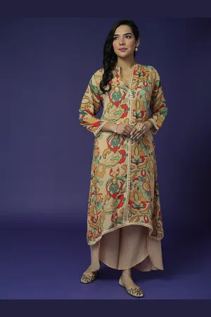 ZARI Floral Printed Mandarin Collar High-Low Straight Kurta With Palazzos