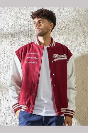 FUGAZEE Men Stand Collar Typography Printed Woollen Casual Varsity Jacket