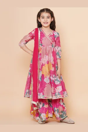 Bhama Girls Pink Floral Printed Angrakha Gotta Patti Kurta with Sharara & With Dupatta