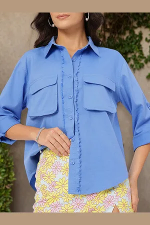 DressBerry Functional Fashion Roll-Up Sleeves Pockets Fringed Placket Shirt