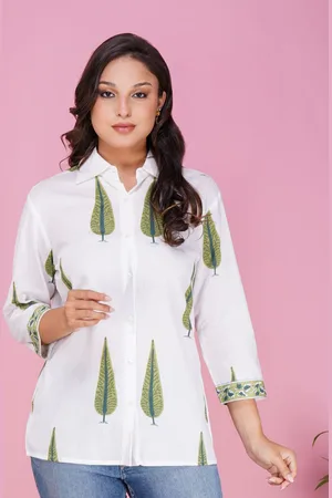 Metro Fashion Women Ethnic Motifs Printed Shirt Collar Cotton Top