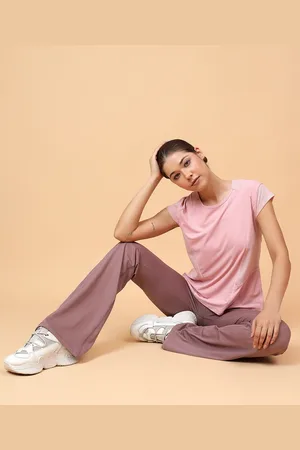 Fitkin Women Pink Solid Relaxed Fit Mesh Inserts T-shirt
