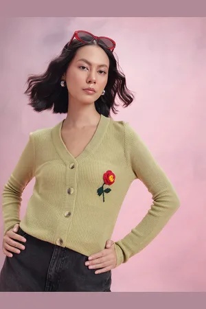 DressBerry Floral Embroidered Ribbed Acrylic Cardigan