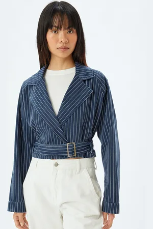 Koton Women Lapel Collar Striped Cotton Casual Tailored Jacket