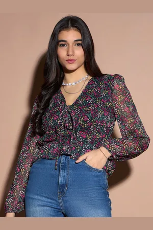 kibo Women Floral Printed Puff Sleeves Peplum Crop Top