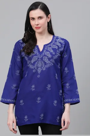 ADAM Co. Women Blue & White Pure Pure Cotton Chikankari Embroidered Straight Pure Cotton Kurti