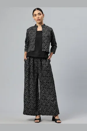 Cottinfab Women Solid Black Top with Floral Printed Trousers & Jacket