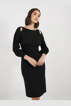 Styli Women Solid Boat Neck Puff Sleeves Bodycon Knee Length Dress