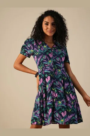 Globus Women Tropical Printed V-Neck Puff Sleeve Above Knee A-Line Dress