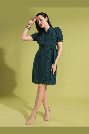 Globus Animal Printed Puff Sleeves Waist Tie-Up Wrap Dress with Belt