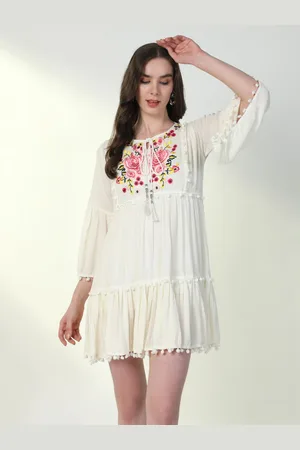 SHOWOFF Women Embroidered Tie-Up Neck Bell Sleeve A-Line Mini Dress