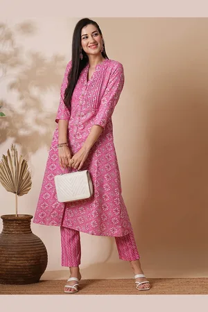 Globus Pink Geometric Printed Band Collar A-Line Kurta With Trousers