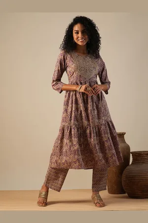 Globus Purple Floral Printed Tiered Thread Work Pure Cotton A-Line Kurta with Trousers